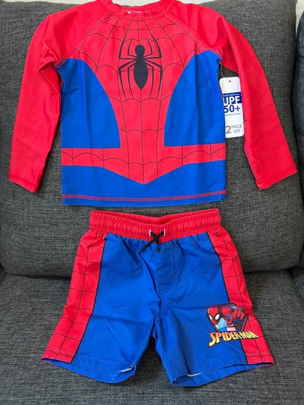 New! Marvel Spiderman Youth 2 Piece Rashguard and Swim Trunk Set